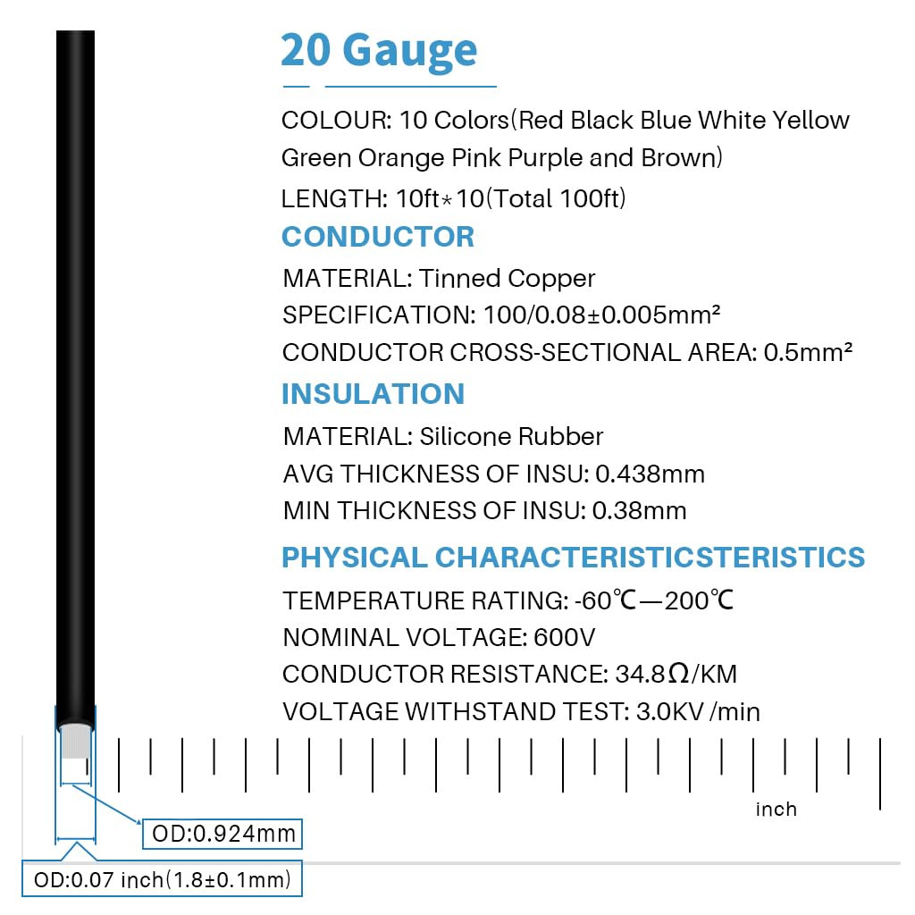 BNTECHGO 20 Gauge Silicone Wire Kit 10 Color Each 10 Ft Flexible 20 AWG Stranded