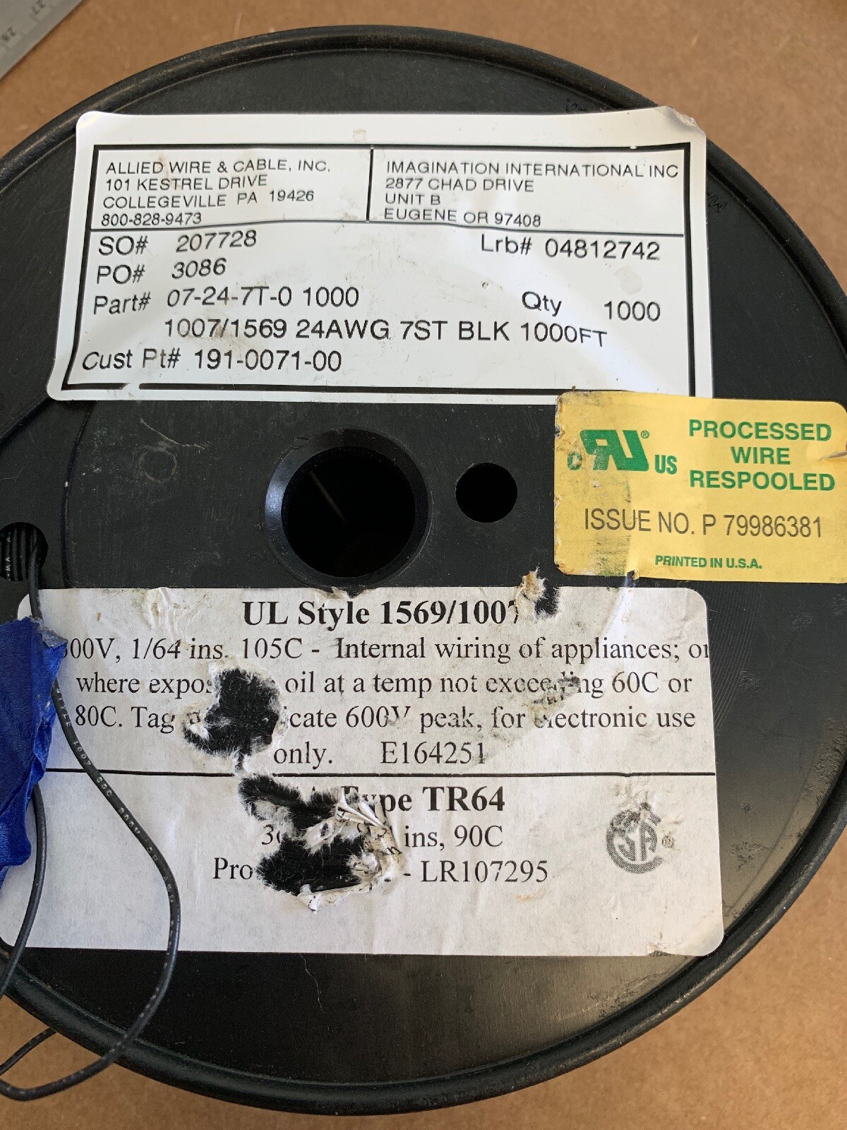 Allied 07-24-7T-0 24 Gauge AWG 7TC 105C 300V 1007/1569 BLACK Copper Wire 100ft