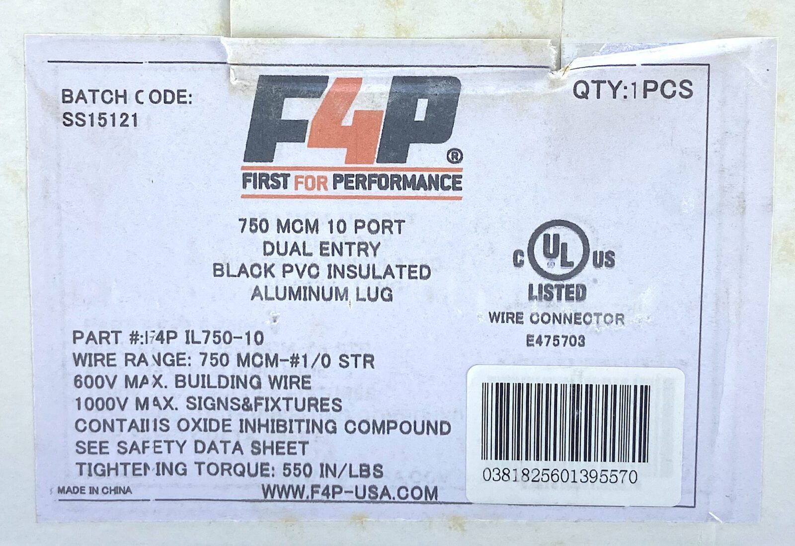 F4P IL750-10 750 MCM 10 Black PVC Insulated Lug (NEW IN BOX)