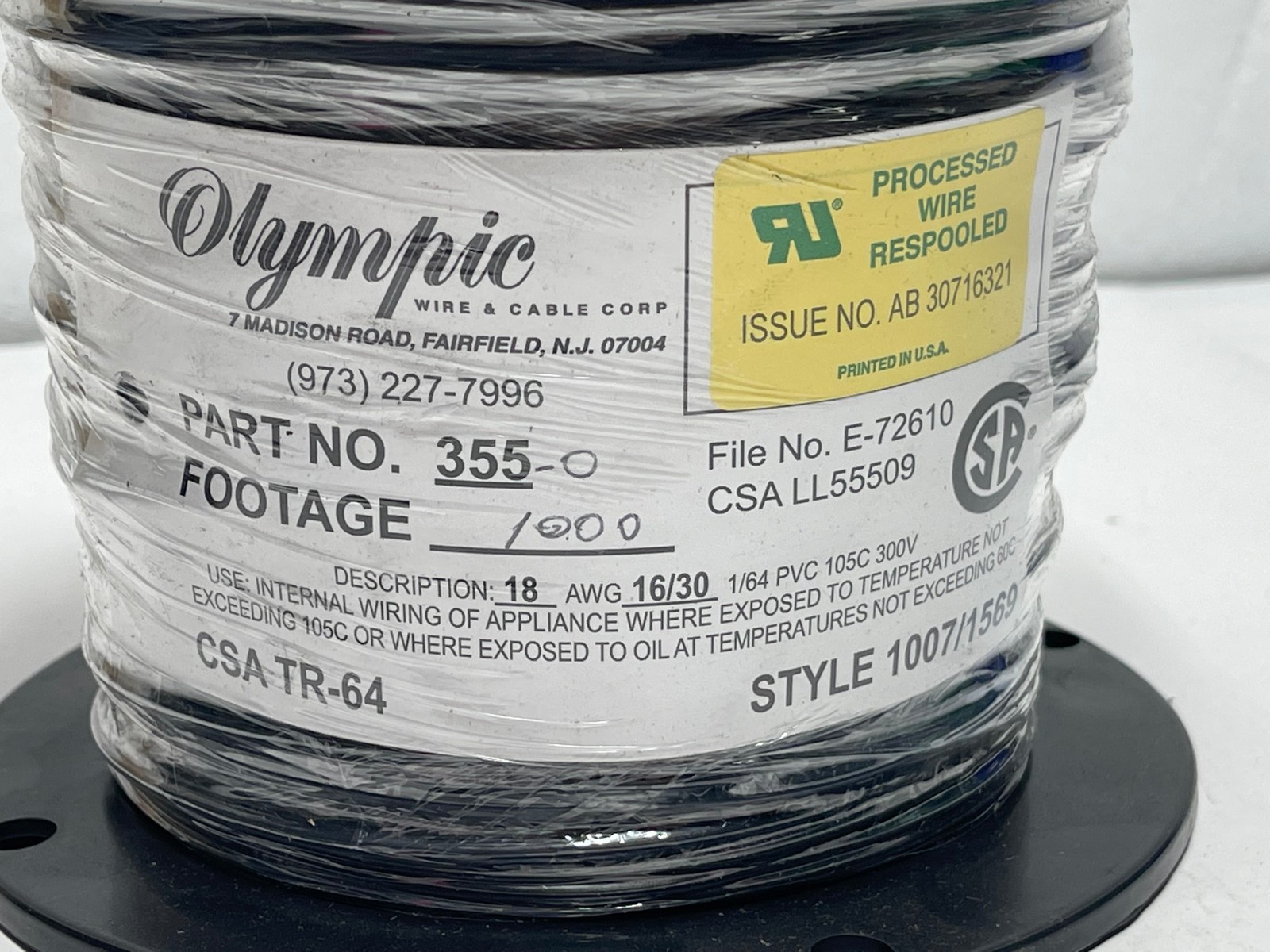 1000ft 18AWG 300V Copper Wire Olympic #355-0 Black