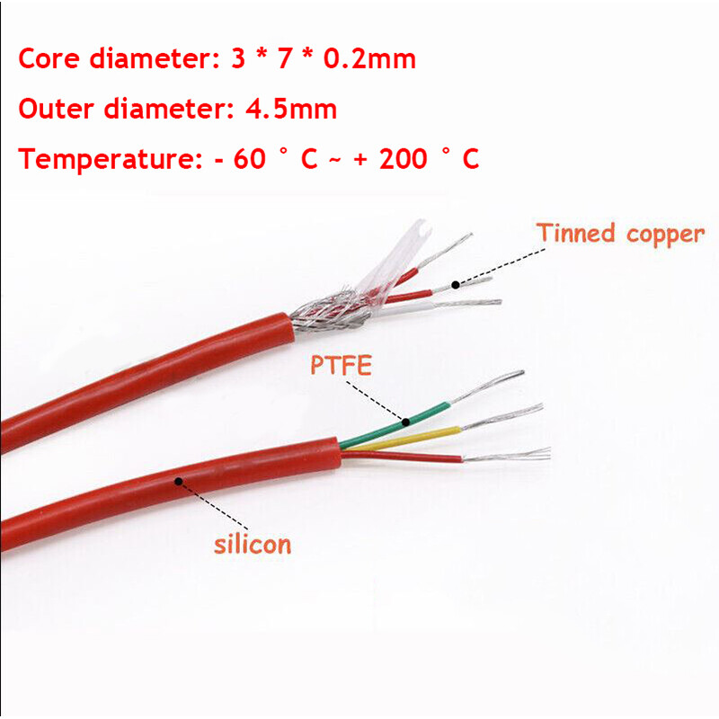 PT100 Thermocouple Compensation Silicone Wire 3*7*0.2mm PTFE Shielded Cable 200℃