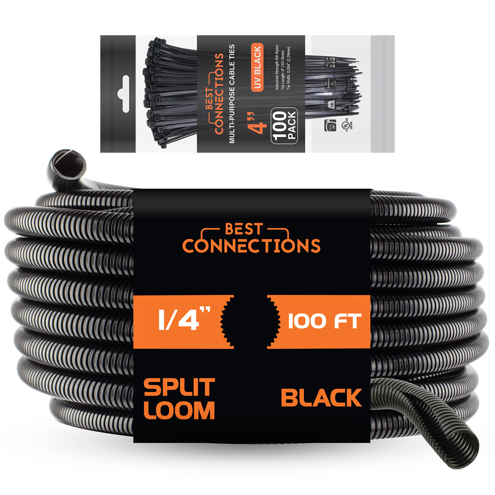 100 Ft 1/4″ Split Wire Loom Tubing with 4″ Nylon Cable Zip Ties 100 Pieces