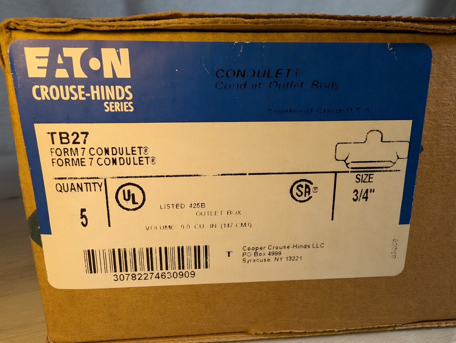 (Box of 5) Crouse-Hinds TB27 3/4″ Iron Form 7 Rigid Conduit Outlet Body NEW