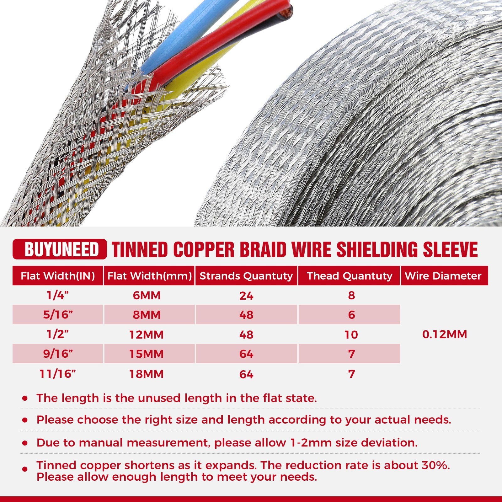 Tinned Copper Grounding Braid Straps – 15ft Shielding Wire, 1/2″ Wide, 0.32″ ID