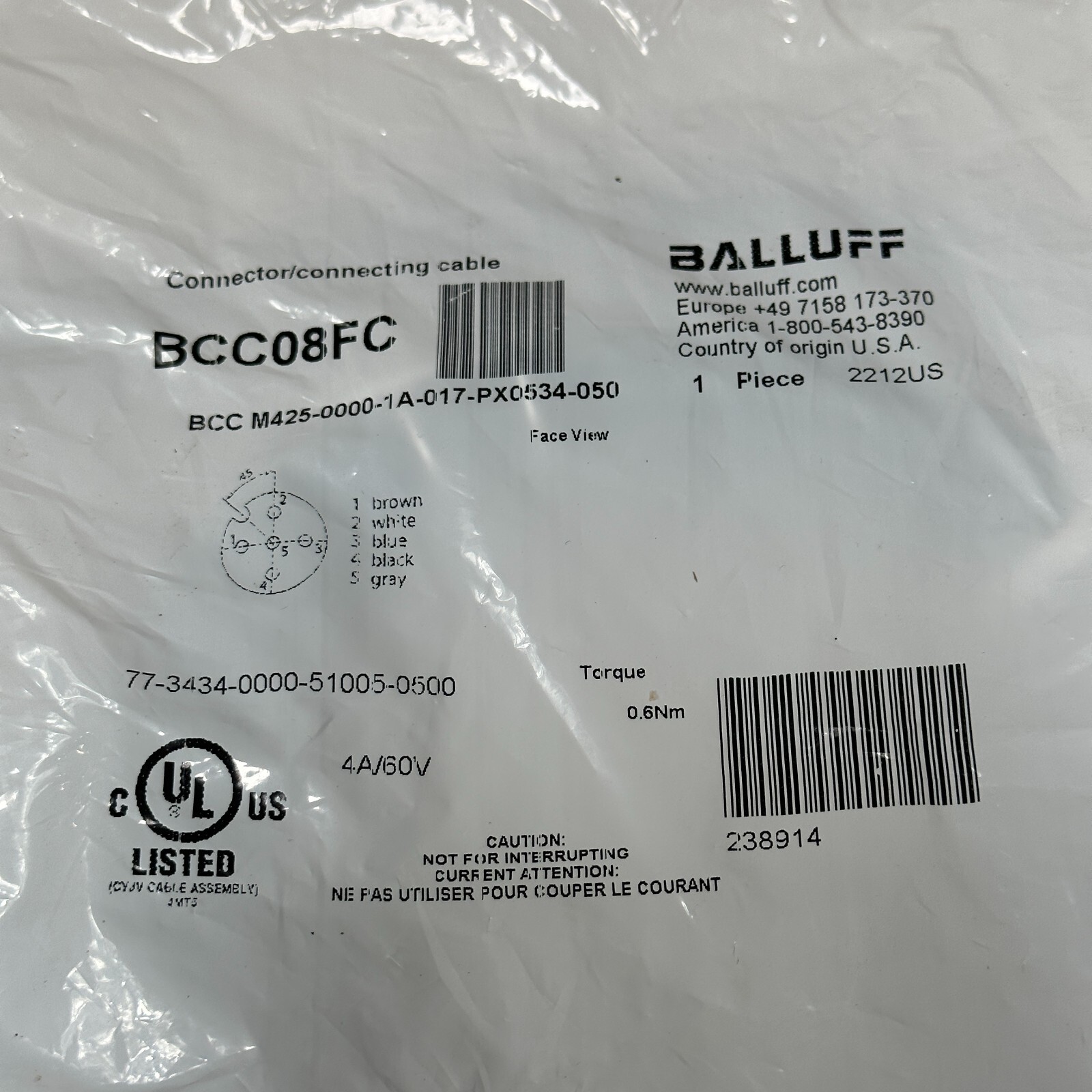 Balluff BCC08FC Single-Ended Cordset BCC M425-0000-1A-017-PX0534-050