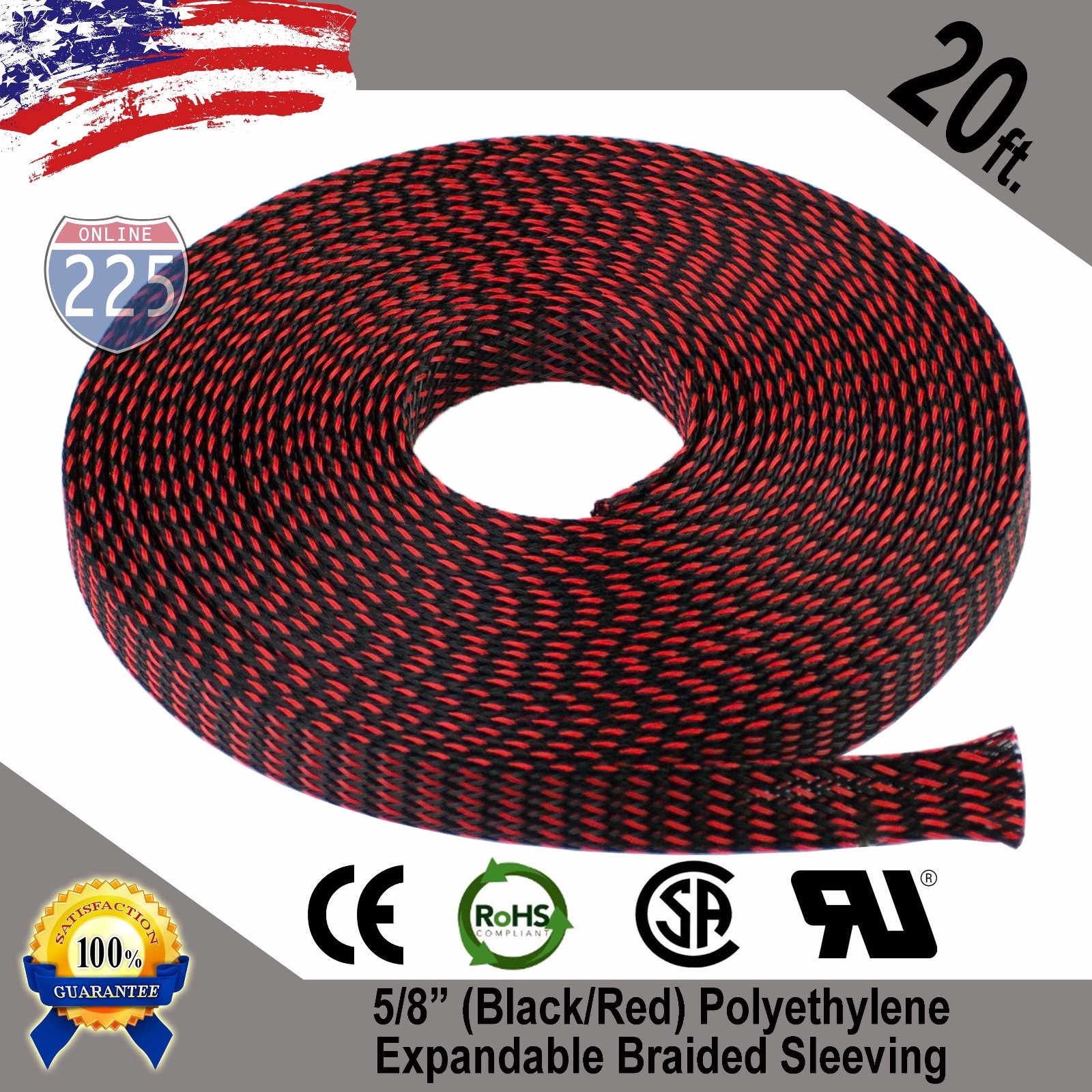 20 FT. 5/8″ Black Red Expandable Wire Sleeving Sheathing Braided Loom Tubing US