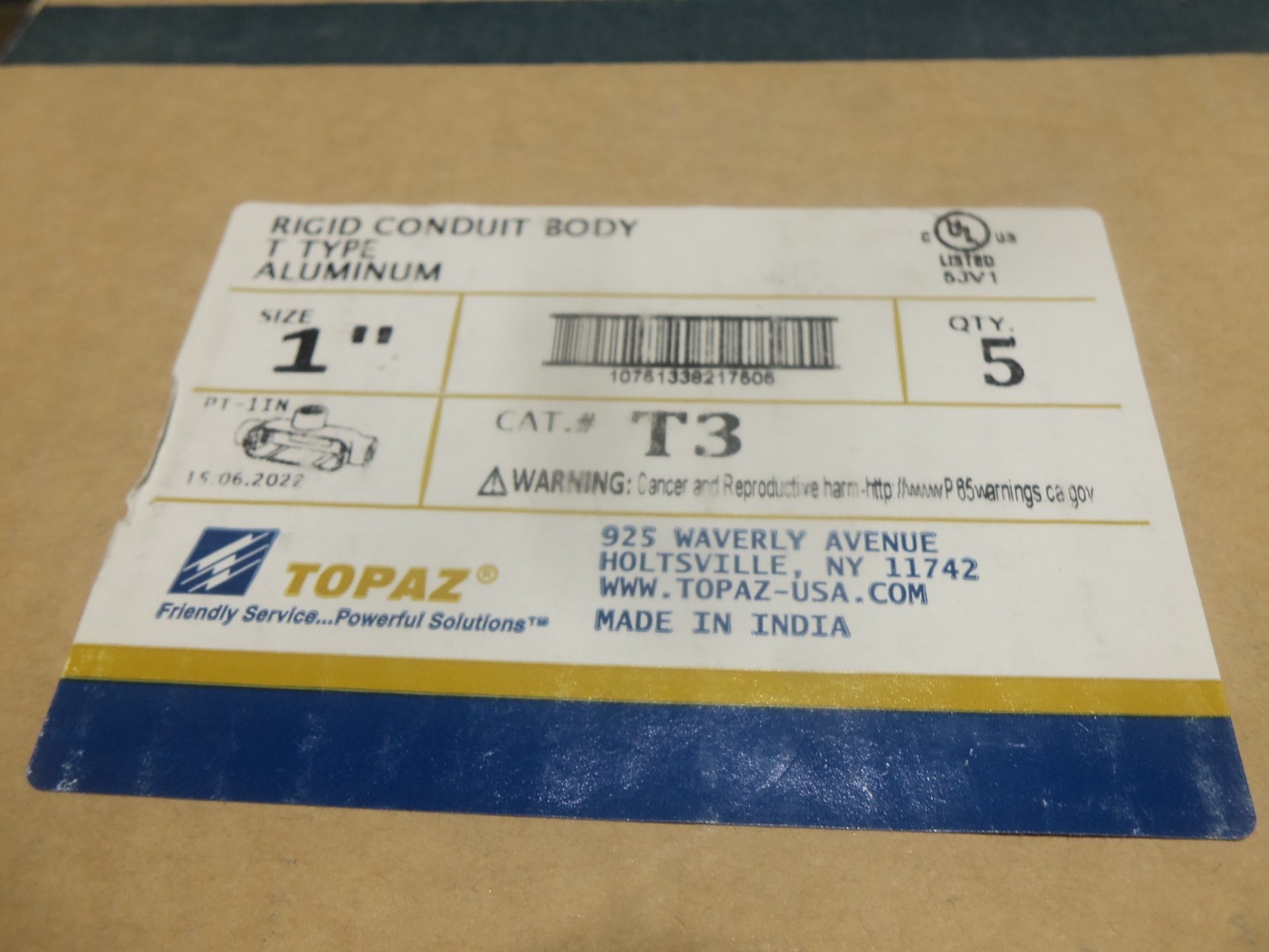 NEW Topaz T3 Box of 5 1″ Type T Aluminum Rigid Conduit Body AK