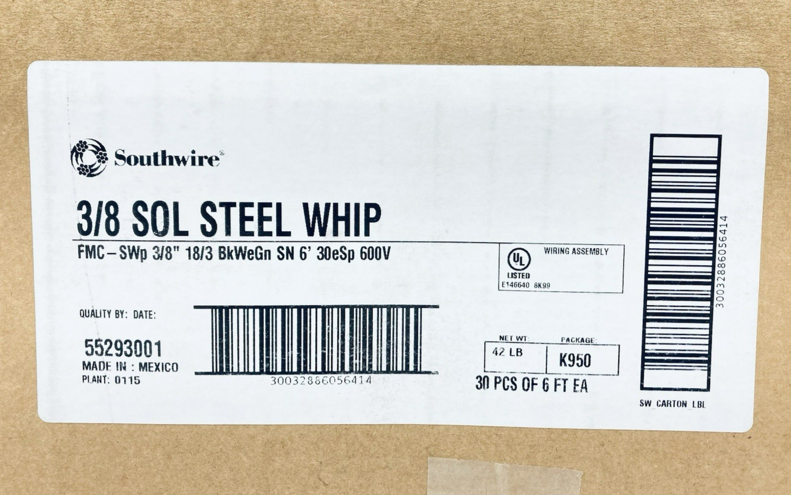 10 PCS (6FT/EA) SOUTHWIRE 55293001 LITE-WHIP 18-3 METAL CLAD WHIP 18AWG 3W FMC