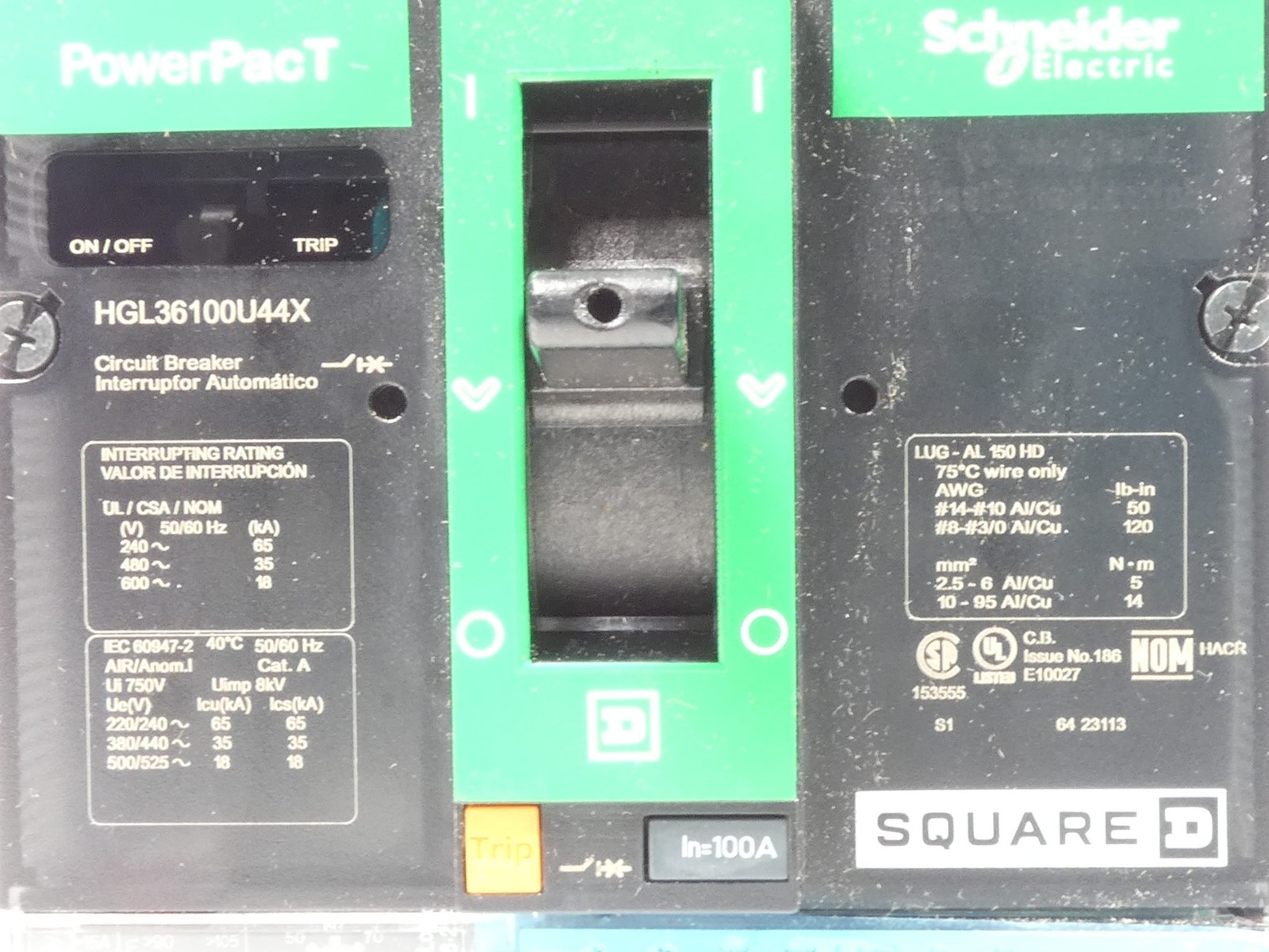 Square D HGL36100U44X Circuit Breaker 100A 3P 600VAC PowerPacT Schneider Elec…