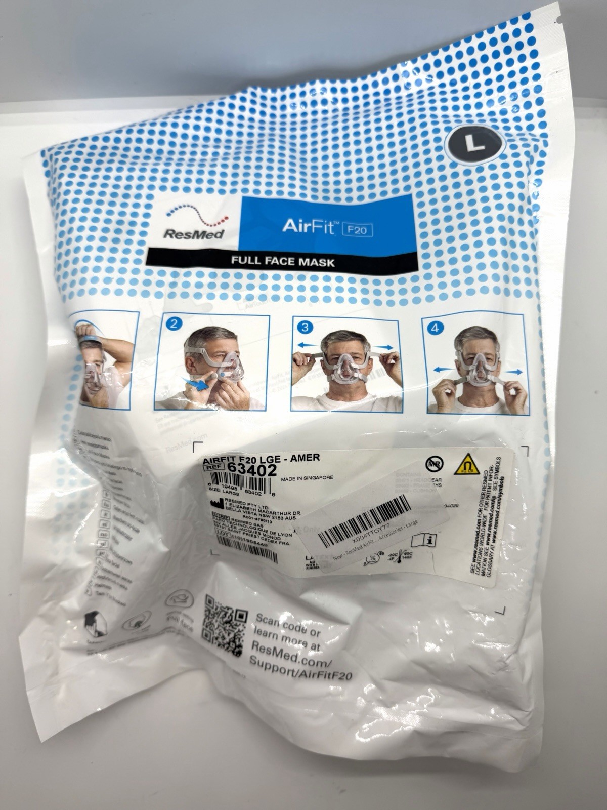 *NEW* AirFit F20 Full Face Headgear LGE Large Cushion 63402 QuietAir Genuine OEM