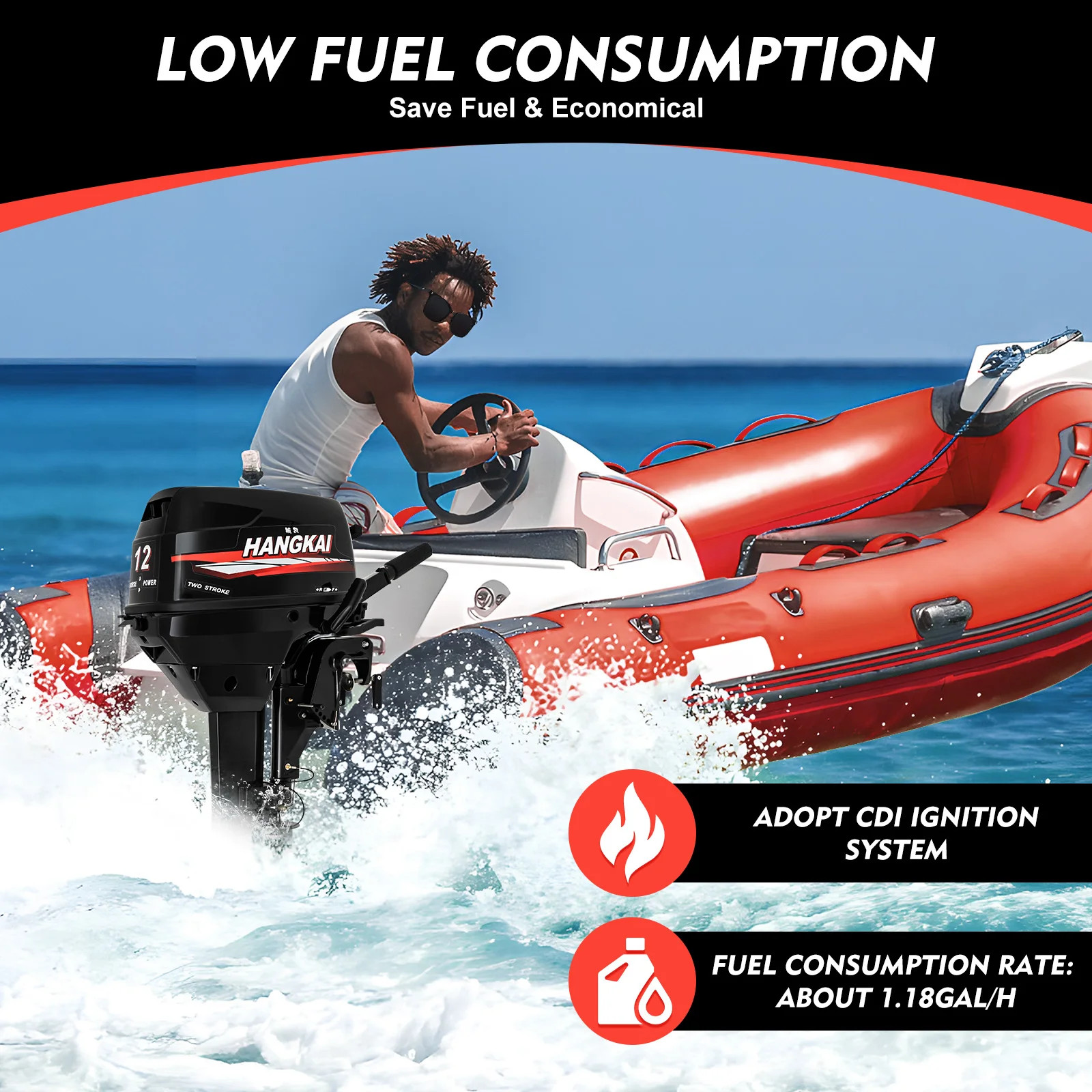 12 HP Two-Stroke Outboard Motor Marine Fishing Boat Engine 169cc 4500-5500 RPM