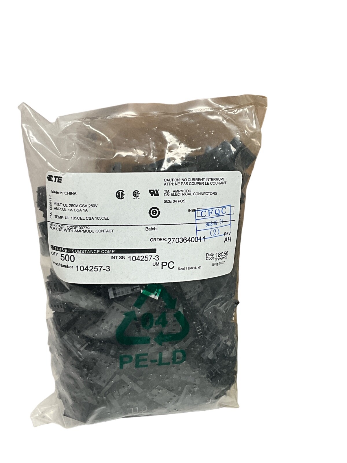 TE Connectivity 104257-3 04P MTE Pol Lock HSG Connector, Lot Quantity-500
