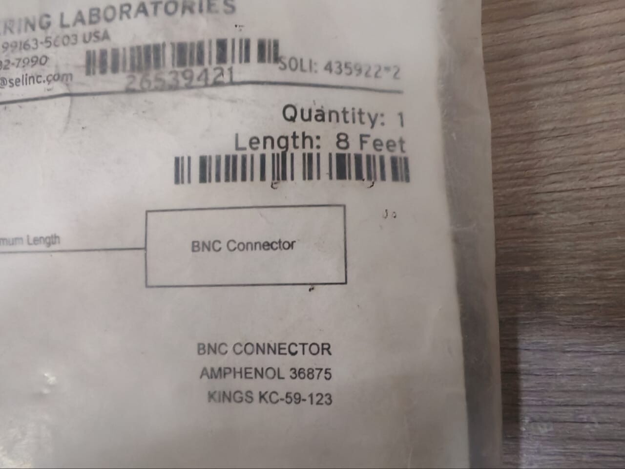 SEL RG 58A/U C953 BNC CONNECTOR 8 Feet