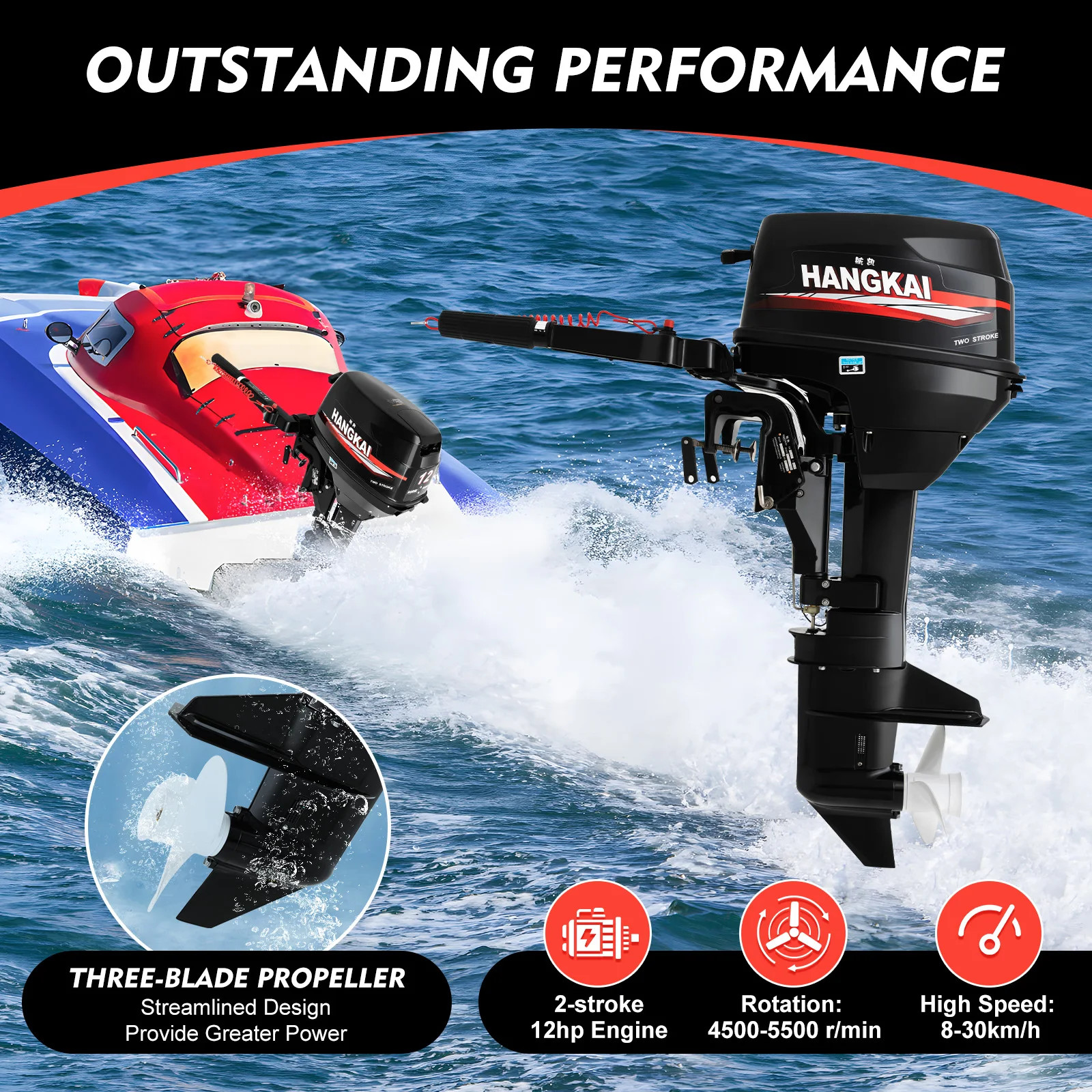 12 HP Two-Stroke Outboard Motor Marine Fishing Boat Engine 169cc 4500-5500 RPM