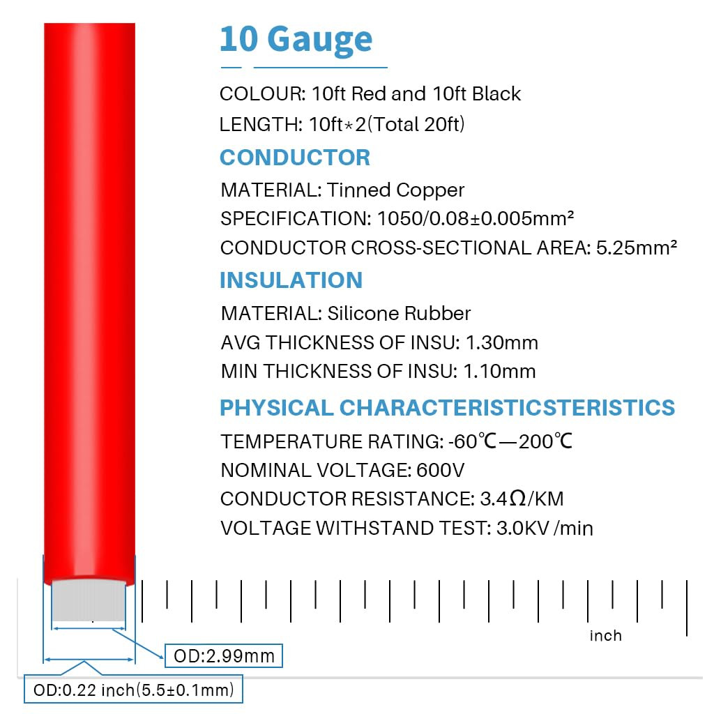 10 Gauge Silicone Wire 10 Ft Red and 10 Ft Black Flexible 10 AWG Stranded Tinned