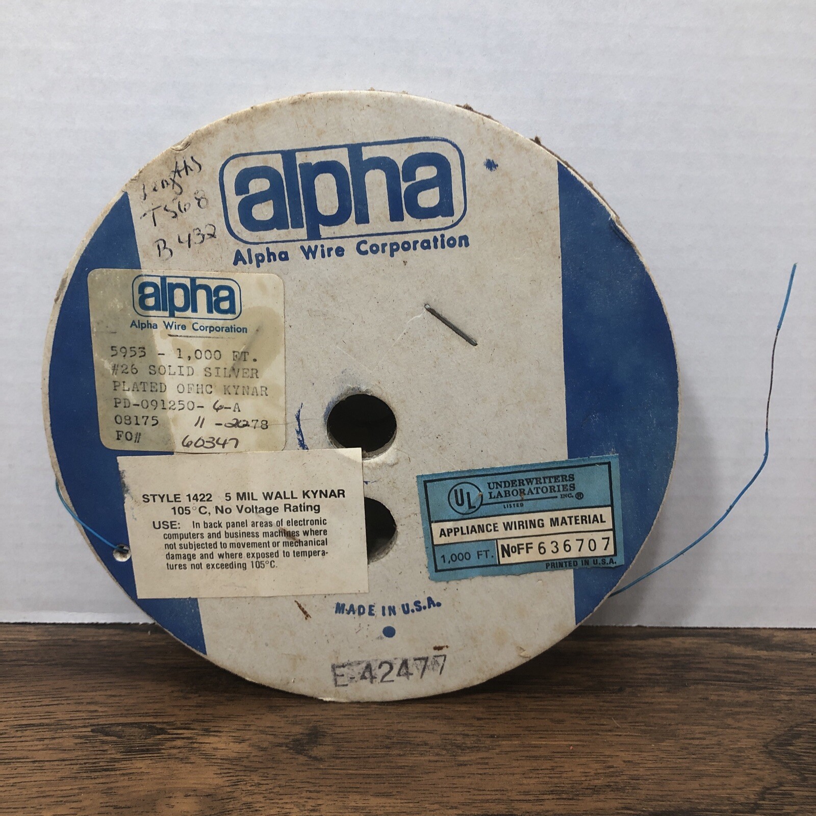 5953 ALPHA WIRE – 950’+ Blue – 26awg Solid Silver Plated OFHC Kynar 5mil 1970s