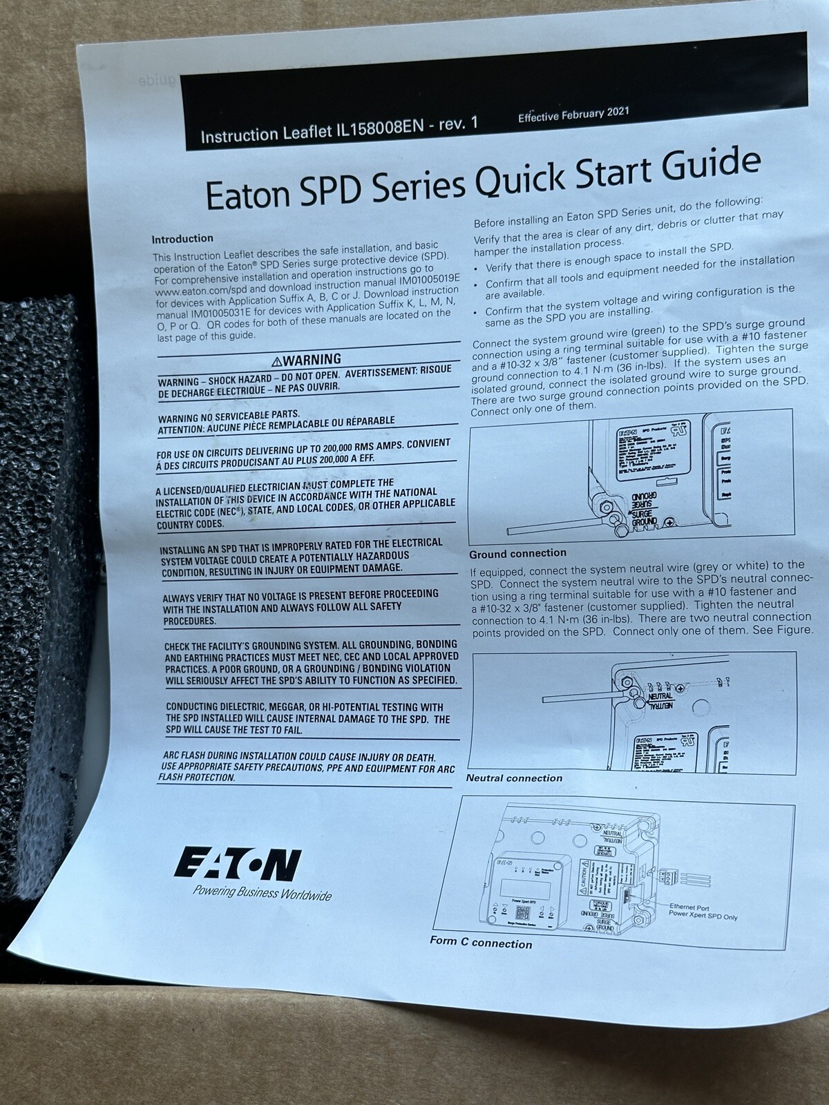 NEW Eaton SPD300600D3K Surge Protection Device SPD 300kA 600V delta 4W+G NEMA 1