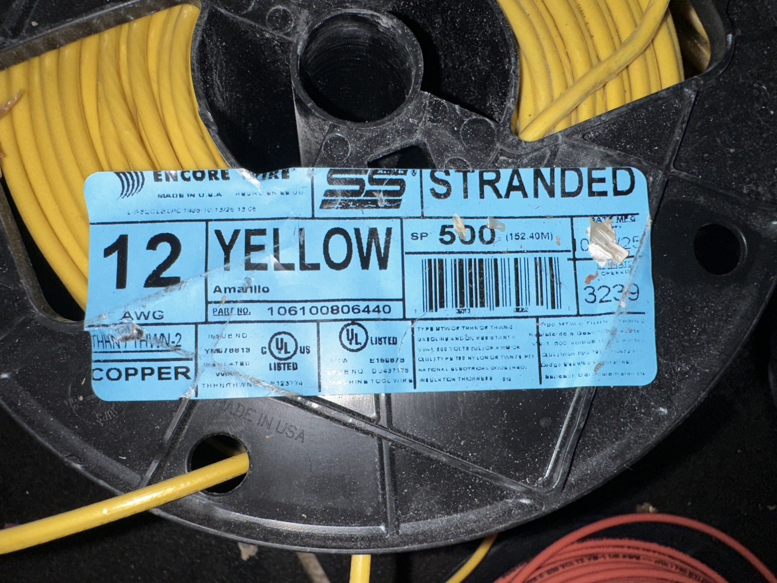 Encore THHN 12 AWG Yellow Copper Wire P/N 106100806440 500 Ft Spool