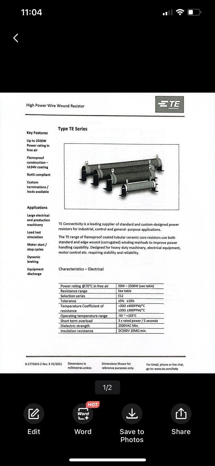 TE Connectivity CGS TE100B12RJ 12 Ohm 100W Wirewound Power Resistor Inc Data Sht