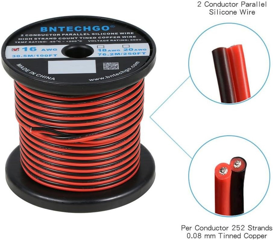 BNTECHGO 16 Gauge Flexible 2 Conductor Parallel Silicone Wire Spool Red Black Hi