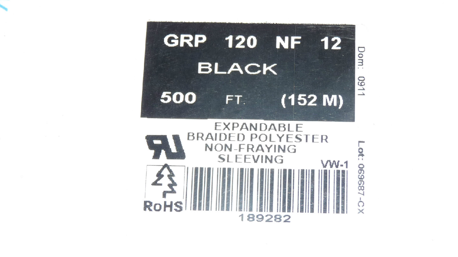 AlphaWire GRP-120-NF12 Black Braided Cable Wire 1/2 Sleeving 500ft GRP120NF12