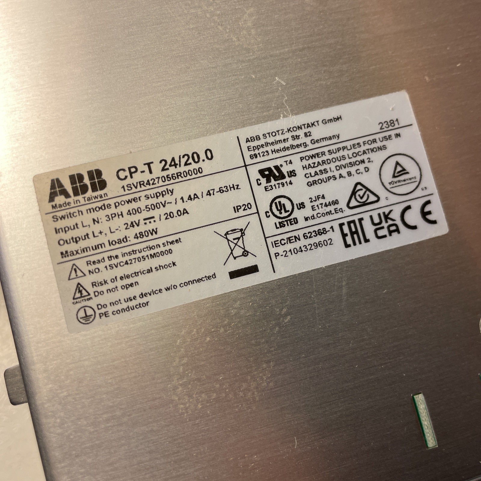 *new* 1SVR427056R0000 ABB CP-T 24/20.0 3PH-480VAC-24VDC 20A 480W POWER SUPPLY