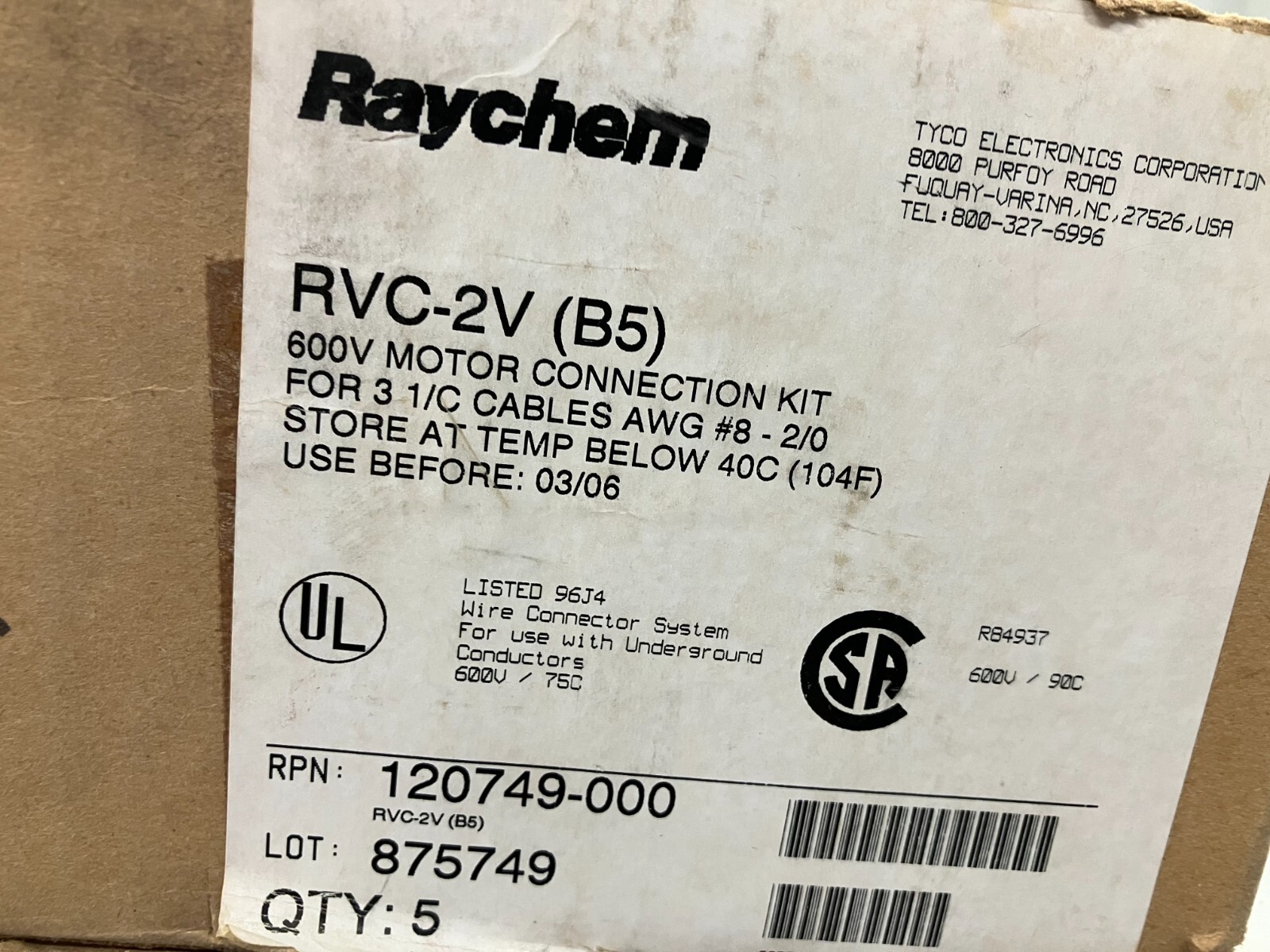 Raychem RVC-2V (B5) 600V Motor Connection Kit (QTY:5) Surplus New
