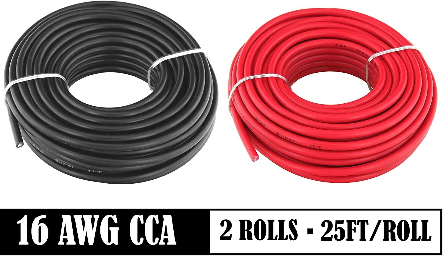 GS Power 50ft CCA 16 Gauge Wire Automotive, 25ft Red & 25 ft, Red/Black