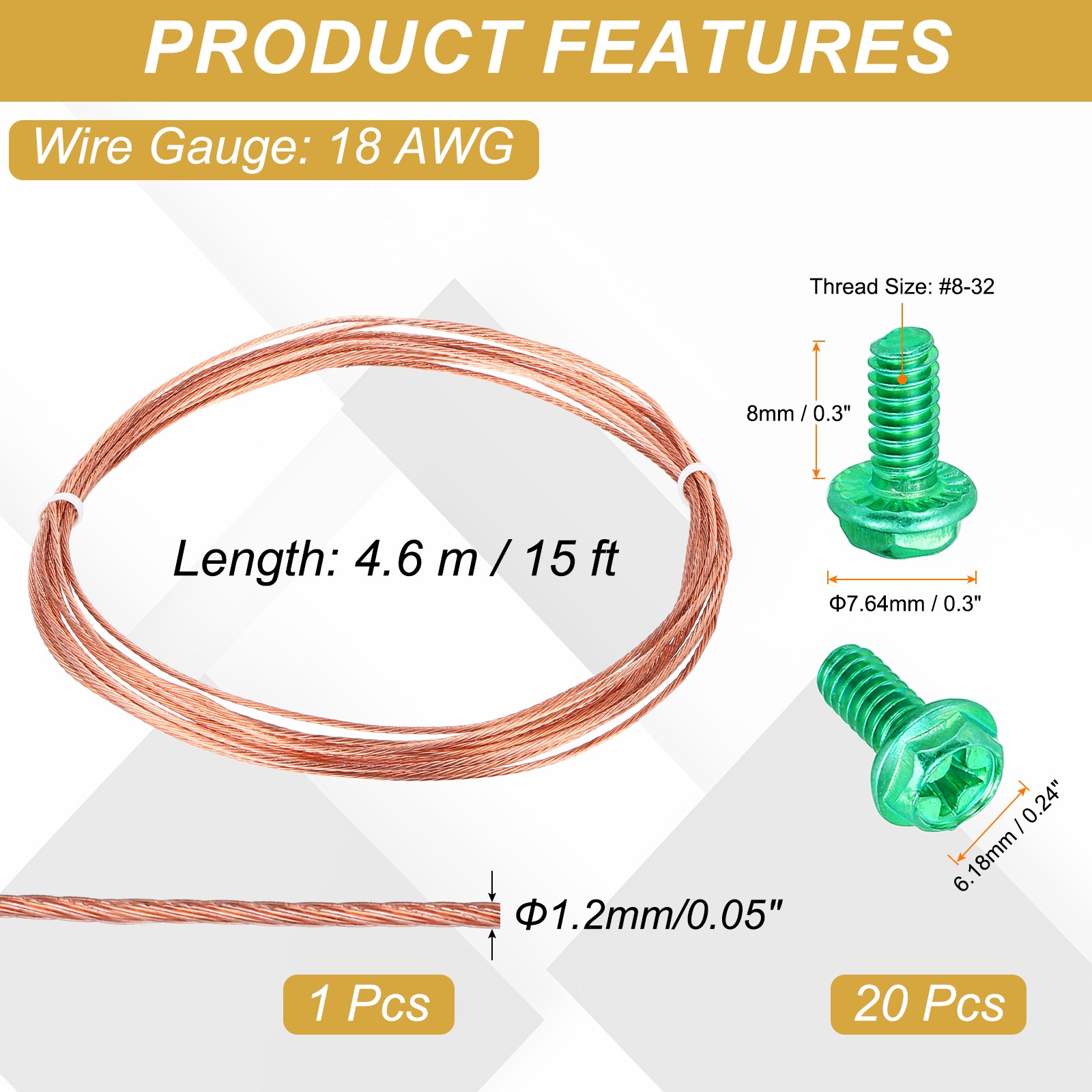 18 Gauge 15 ft Bare Copper Ground Wire with 20Pcs #8-32 x 5/16″ Green Screws