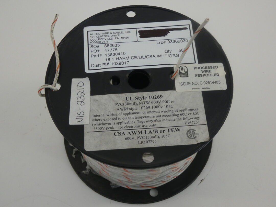Allied Wire & Cable 15830440 Wire Reel, 500′, 600V, White/Orange, 18AWG – NEW…