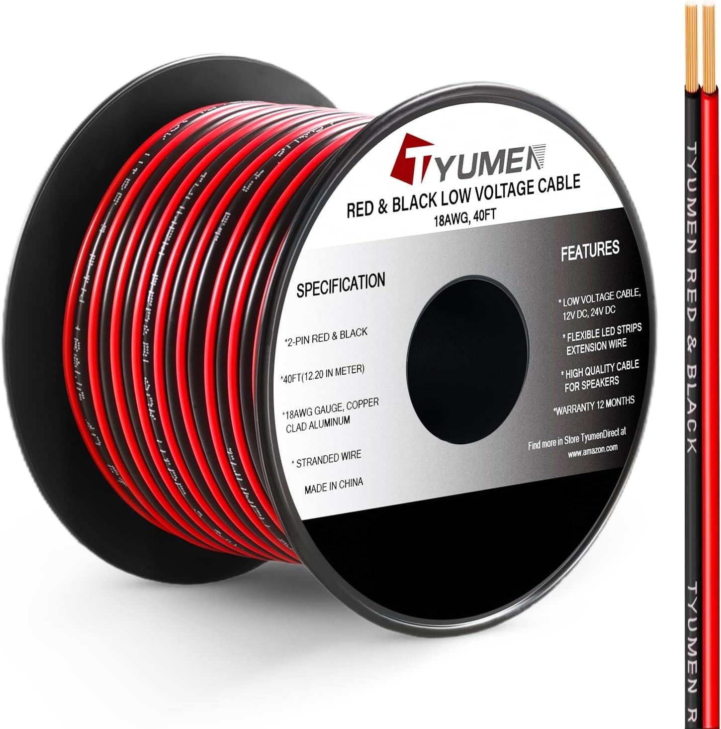 40FT 18 Gauge 2pin 2 Color Red Black Cable Hookup Electrical Wire LED Strips …
