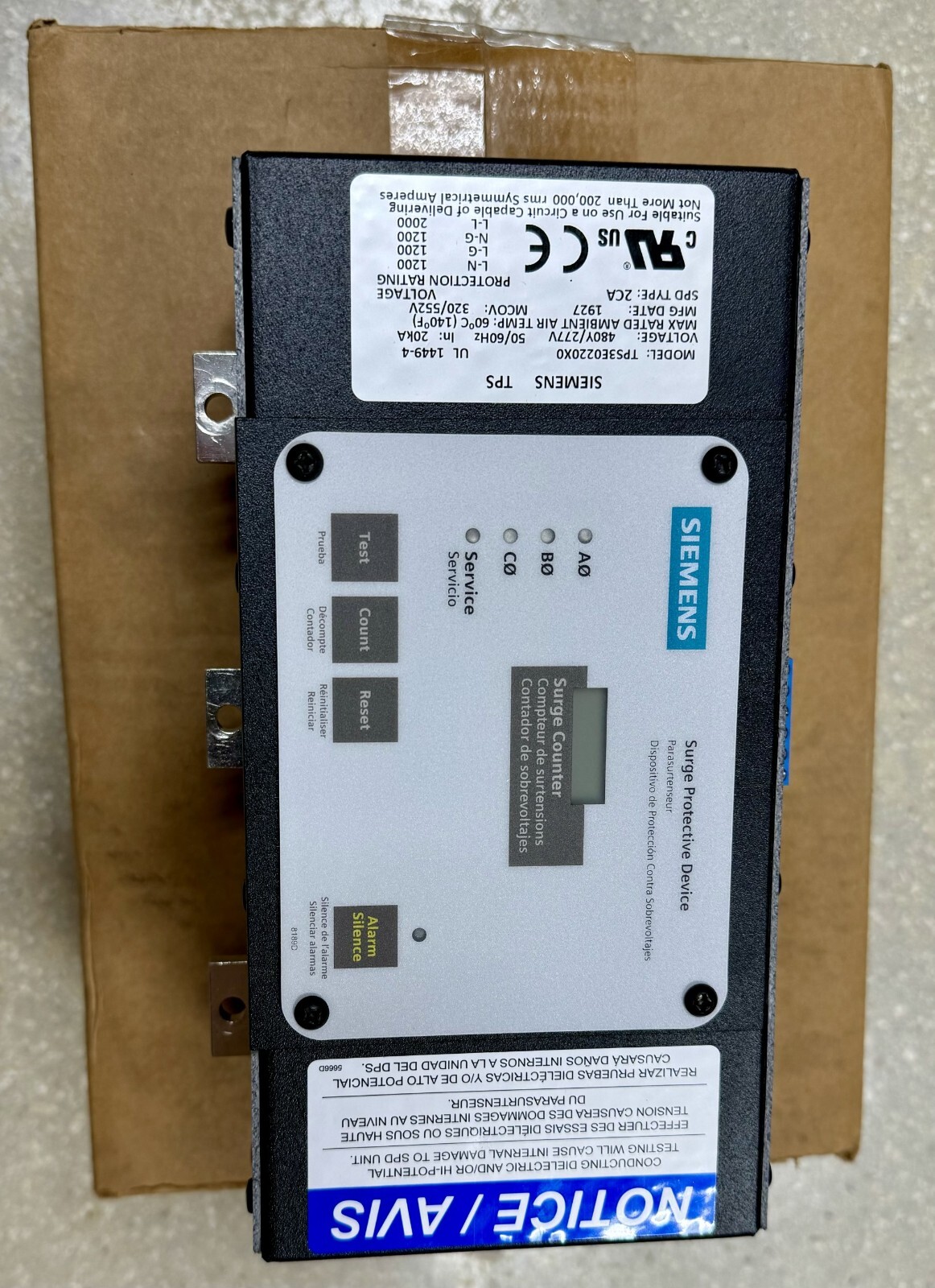 NIB SIEMENS TPS3E02200X0 SURGE PROTECTIVE DEVICE 480/ 277V 3 Phase 200kA