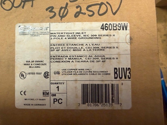 BRYANT 460B9W 3POLE 4WIRE 60AP 250VOLT INLET PIN AND SLEEVE NEW IN BOX