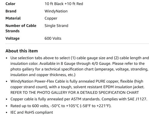 Six 1/0 AWG 0 Gauge Copper Battery Cable (14″) & Copper Lugs – Solar/Inverter