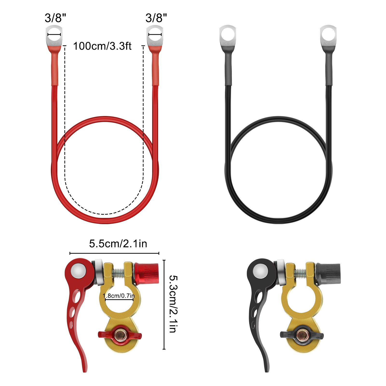 2× 100cm 10AWG Gauge Battery Cables W/ 3/8″ Tinned Copper Lugs for RV Marine Car