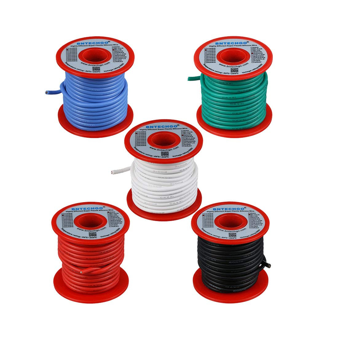 14 Gauge Silicone Wire Kit Red Black White Blue and Green Each 25Ft 14 AWG Stran