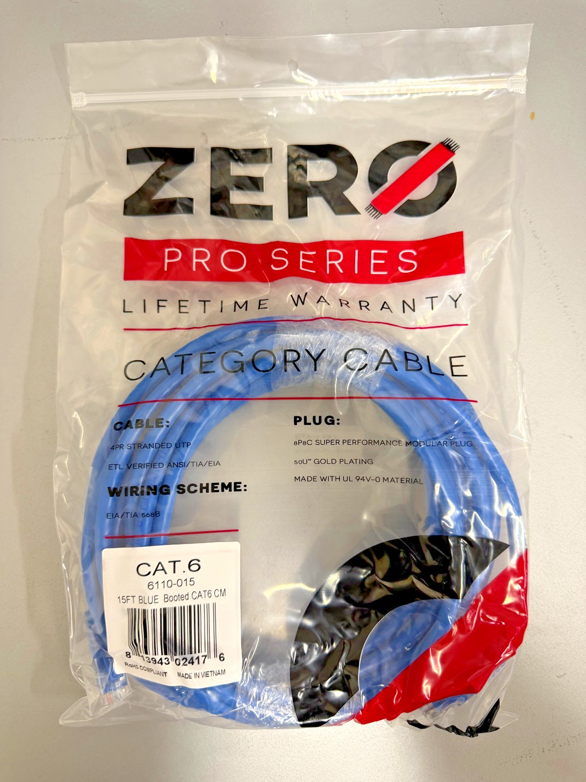ZeroConnect – 6110-015 – 15ft Blue Pro Series CAT6 Patch Cord – PACK OF 10