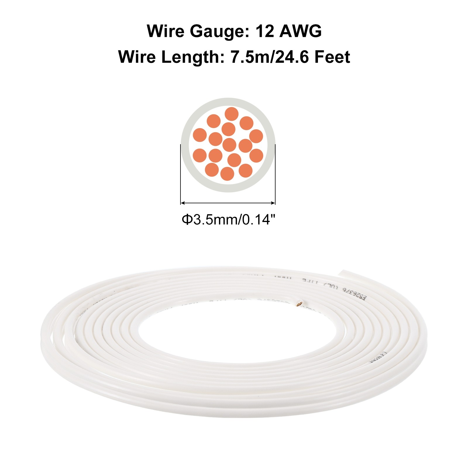 24.6 Feet 12 AWG Gauge THHN Stranded White Copper Building Wire 600V