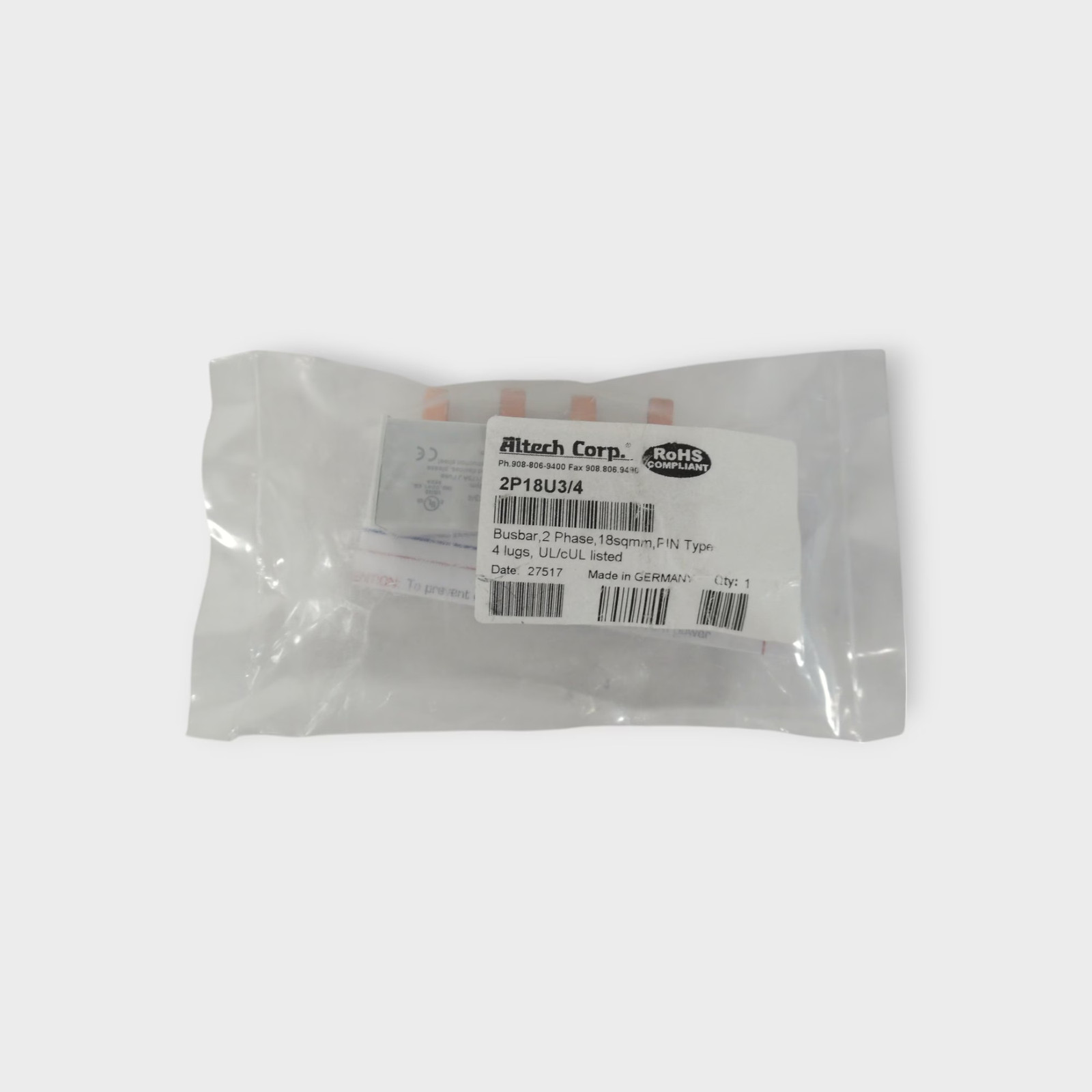 Altech Corp 2P18U3/4 2 Phase Busbar-4 Pin- 480V 80A – NEW