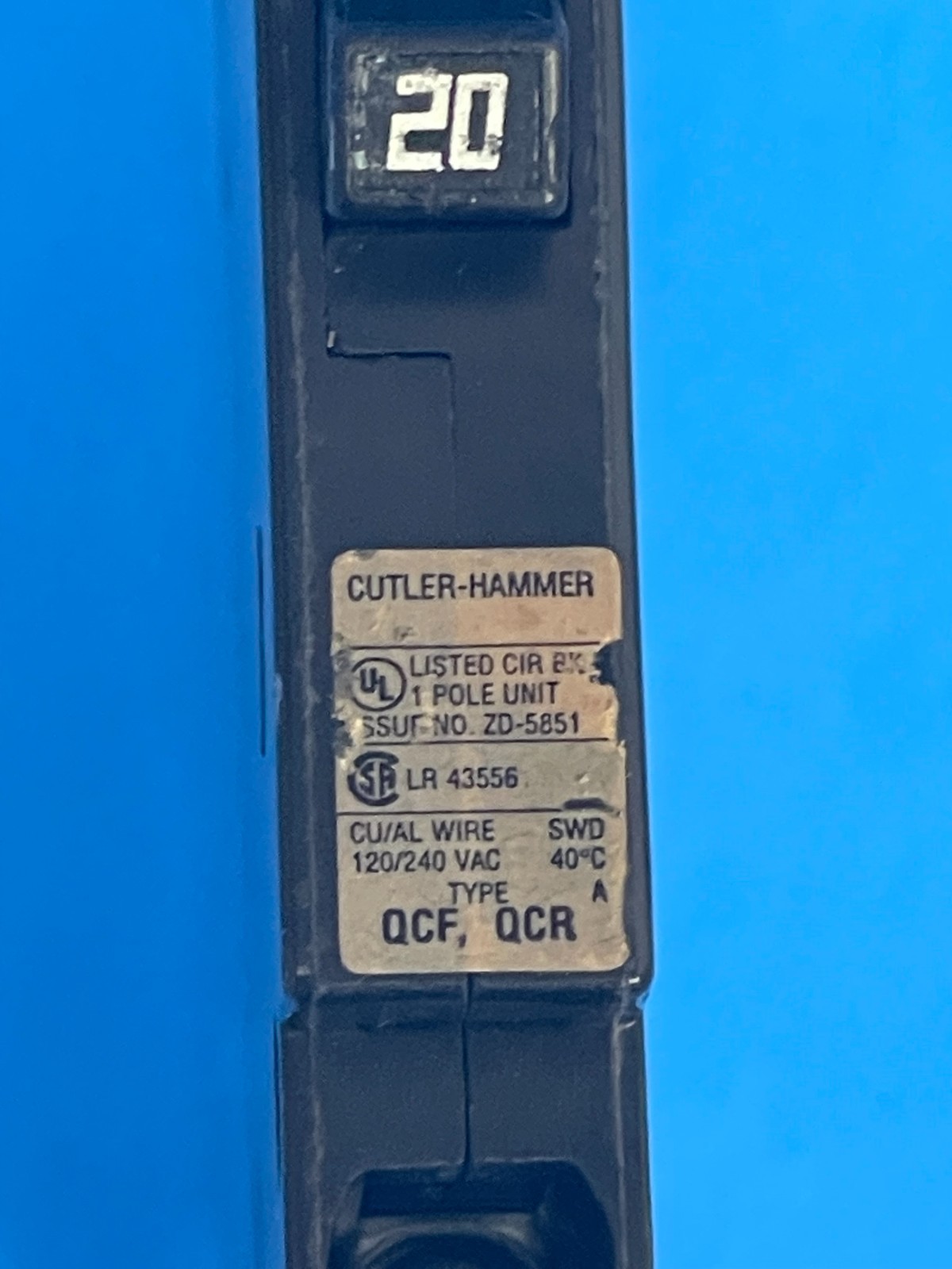 Cutler-Hammer QCR1020 20A 1-Pole 120/240V Circuit Breaker