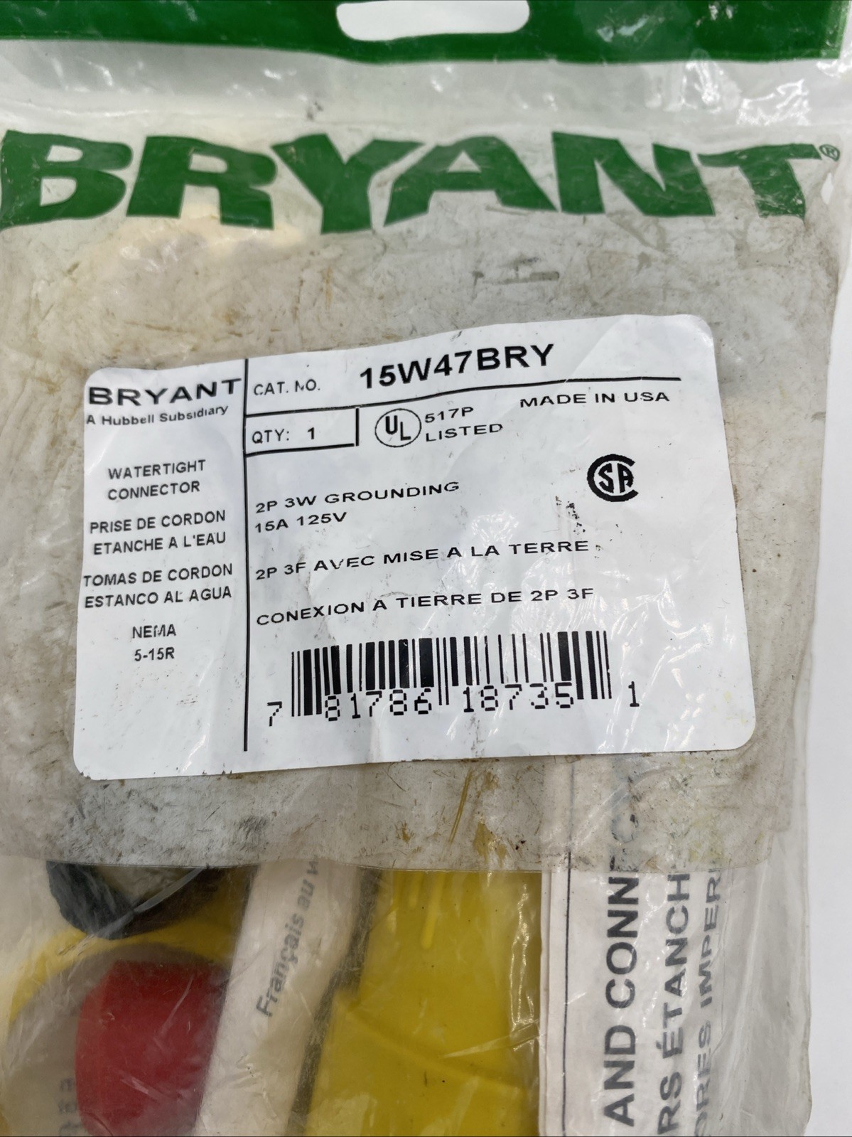 Hubbell Bryant 15W47 Water Tight Plug NEMA 5-15R Female 15A 125V 2P 3W Sealed