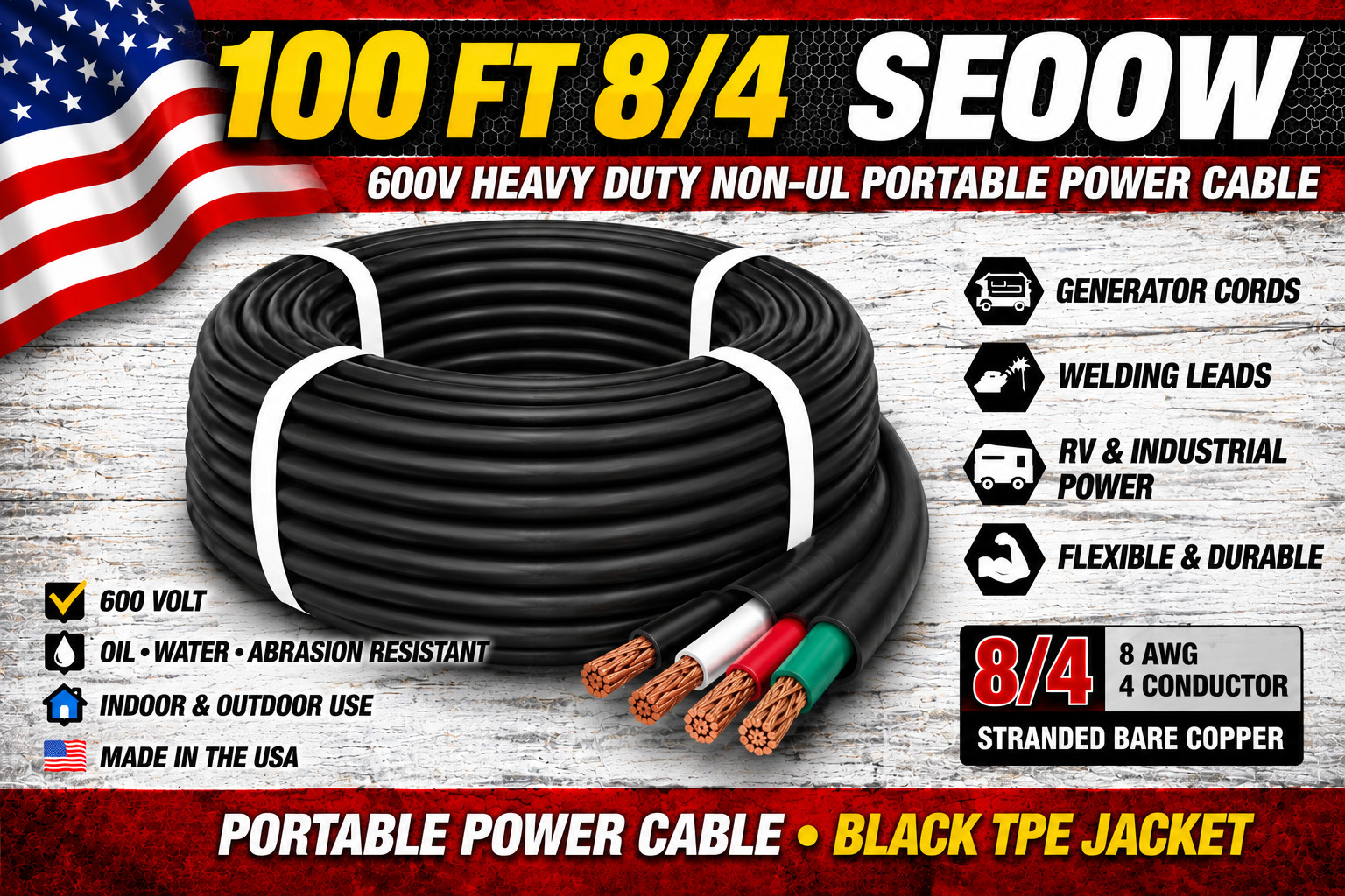 100 FT 8/4 SEOOW Cord 600V Heavy Duty Indoor Outdoor Portable Power Cable