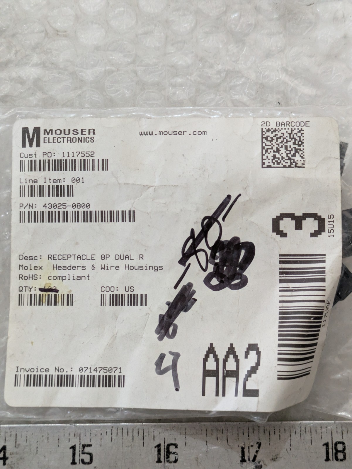 MOUSER 43025-0800 RECEPTACLE 8P DUAL R MOLEX HEADERS & WIRE HOUSINGS