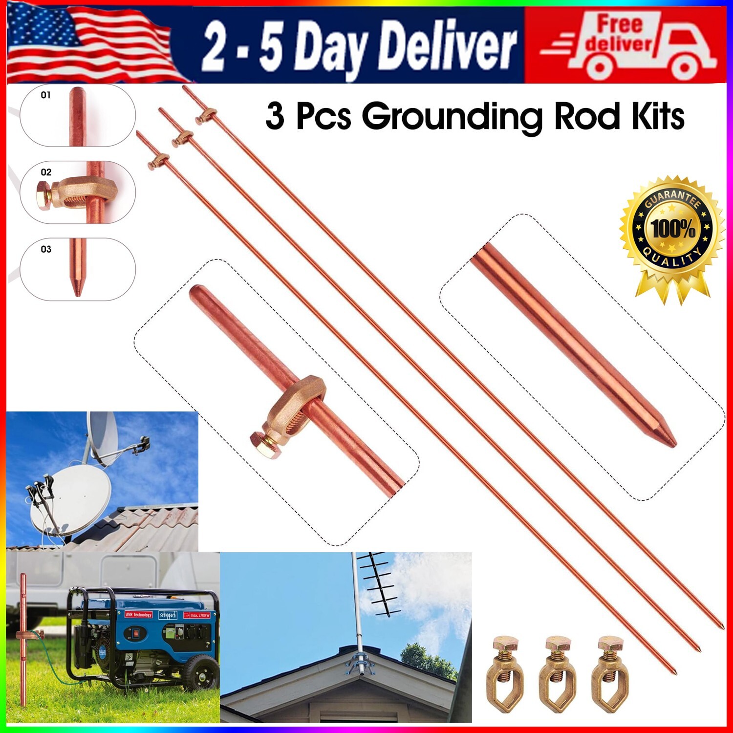 4FT Electrical Grounding Copper Ground Rod Earthing bar for Electric Fences Sate