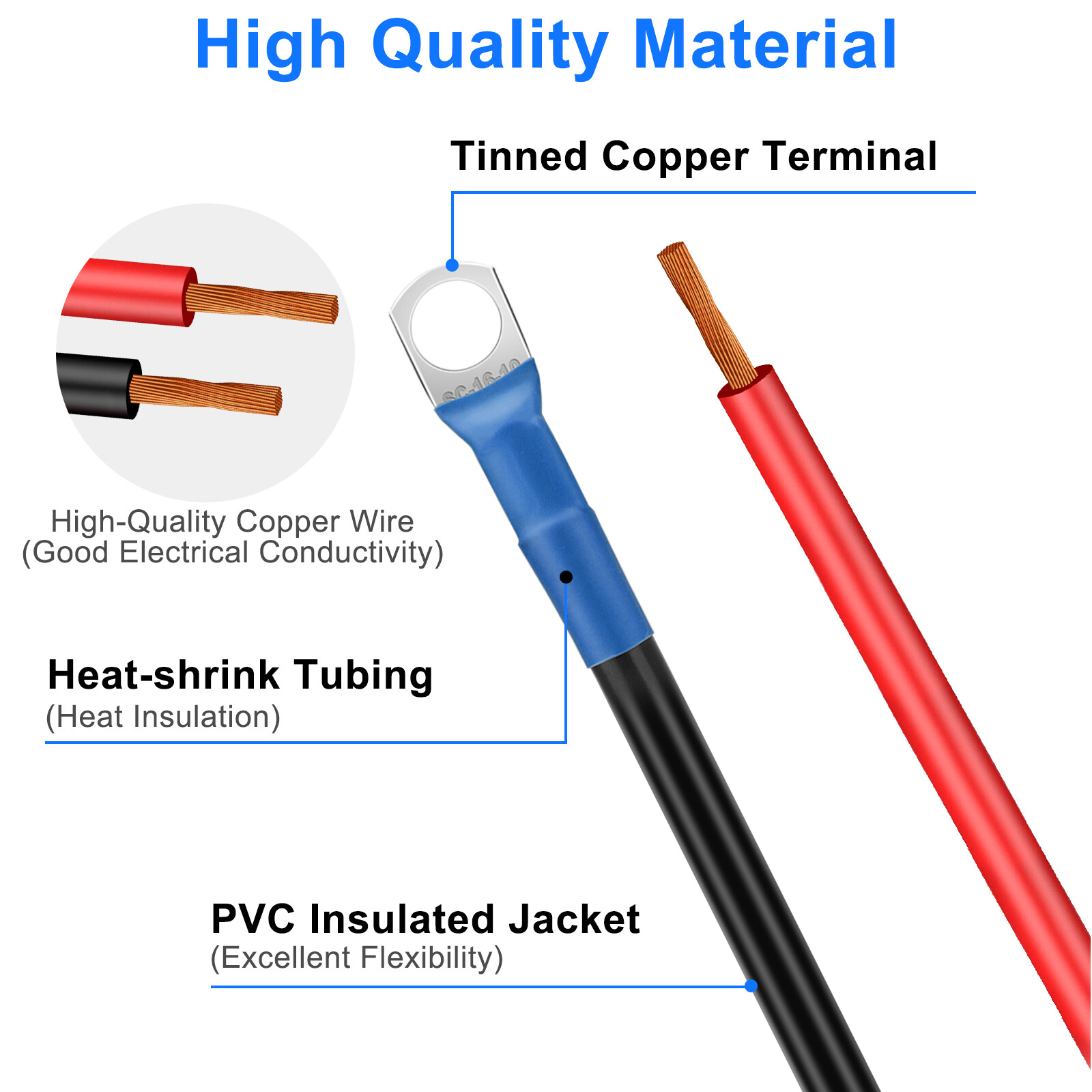 12V 6AWG Battery Cables, 6Pcs, 30cm/12in, 3/8″ Terminals for Solar Inverter