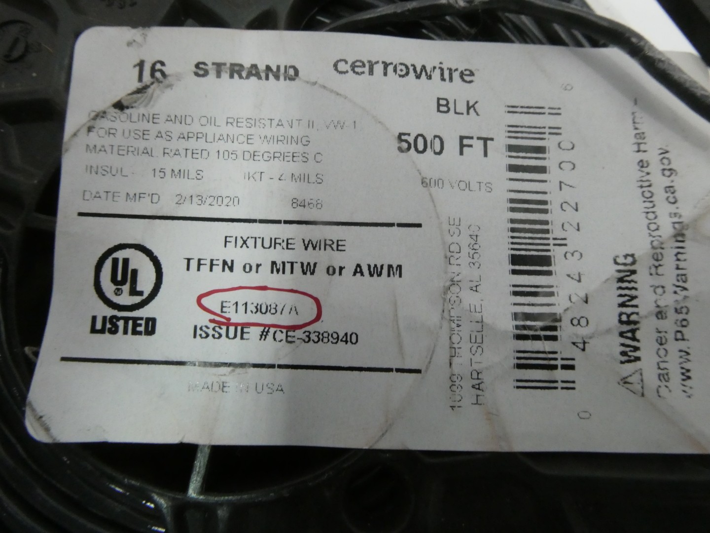 Cerrowire E113087A 16 Strand Black Wire 500ft