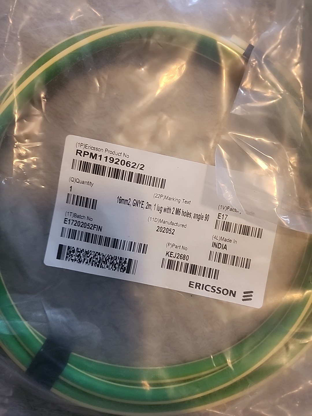 3- RPM1192062/2 Ericsson 16MM2- 2M- GROUND LEAD W/ (2) M6 HOLE- 90 DE