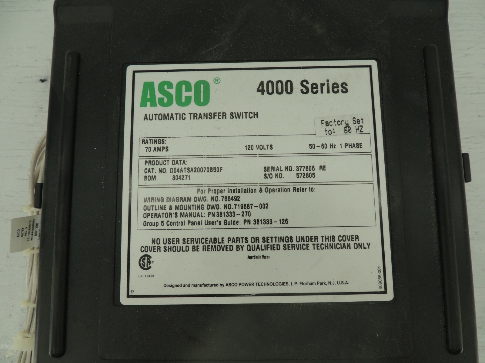 ASCO AUTOMATIC TRANSFER SWITCH 4000 SERIES, D04ATSA20070B50F WITH CONTROL PANEL