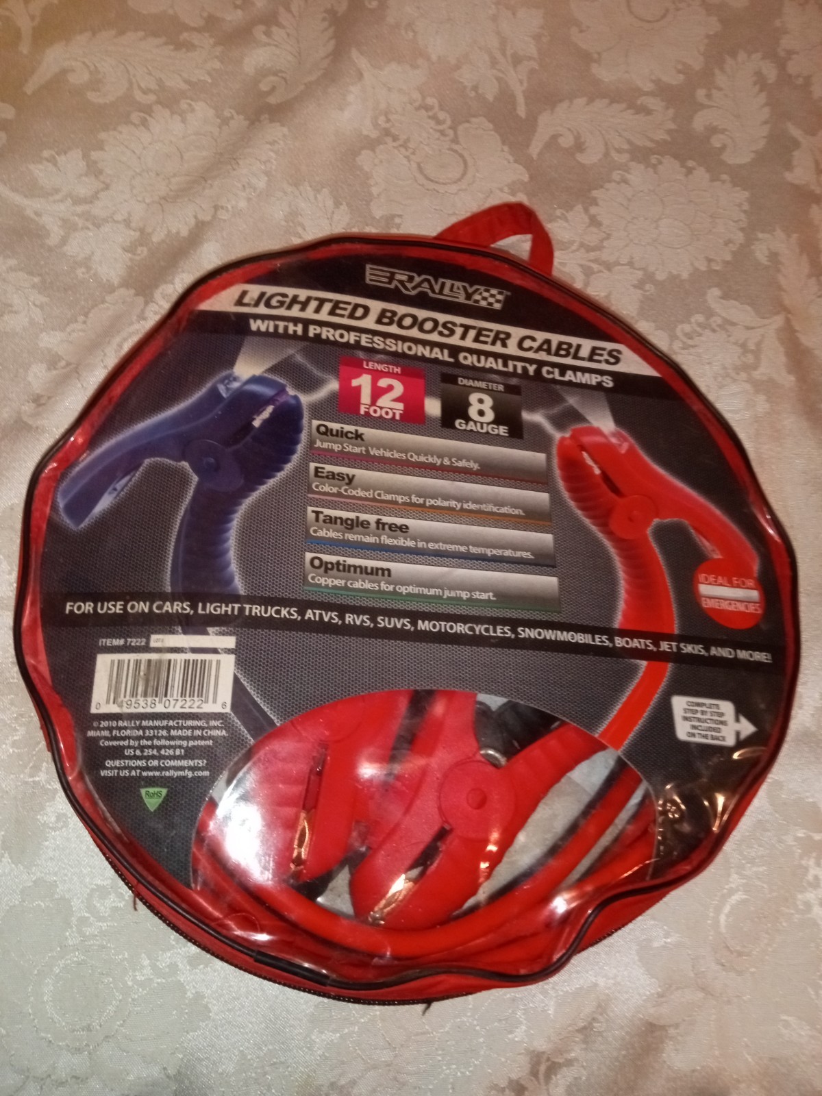 WOW LED Lighted Booster/Jumper Cables with Clamps 12 ft, 8-Gauge AWG 100AMP 7222