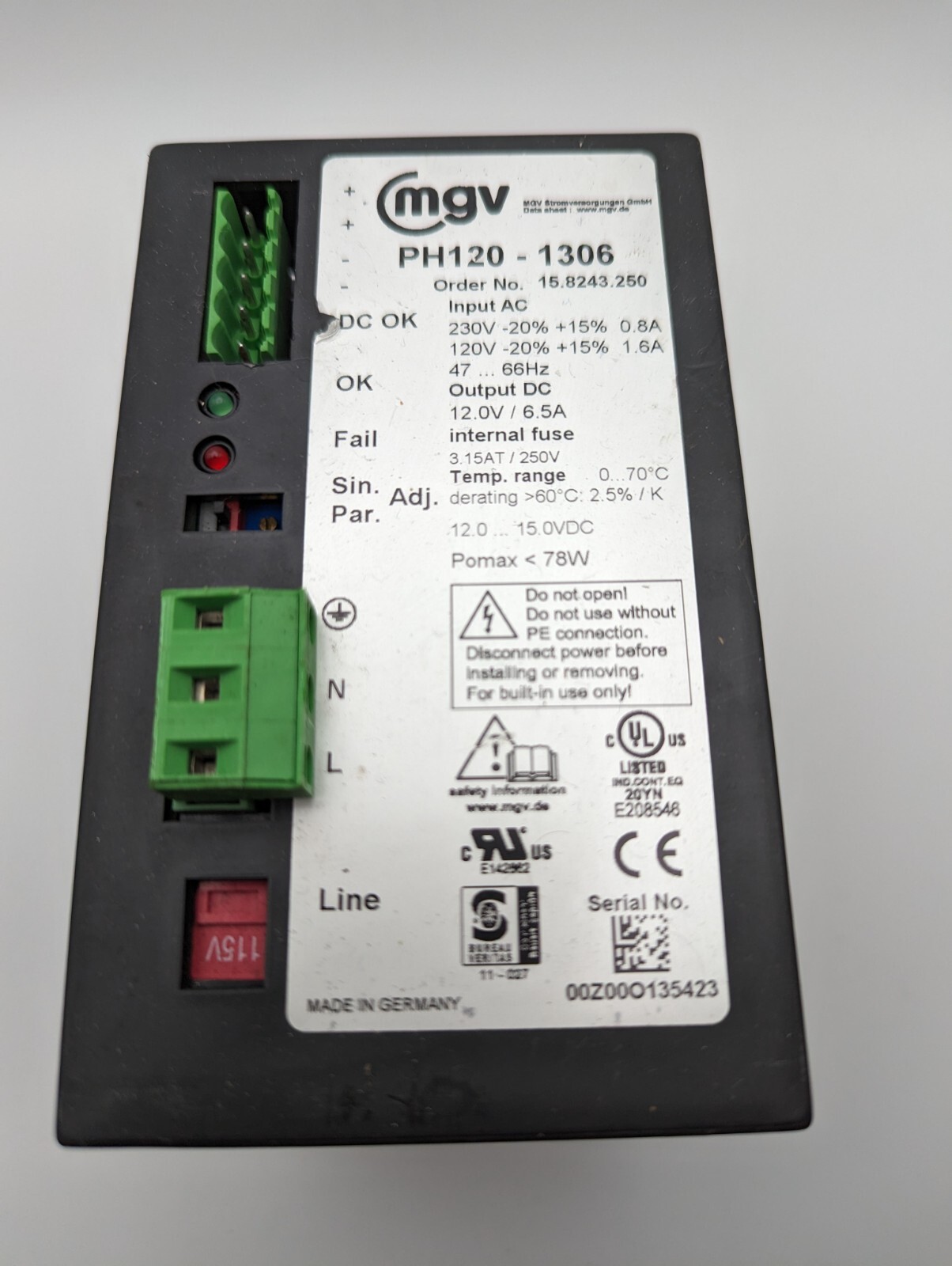 MGV PH120-1306 PH1201306 Power Supply 12.0V/6.5A (*Missing Screw Connector)